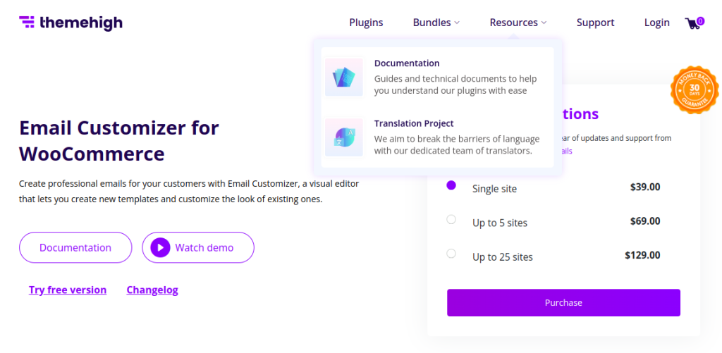 Product page of Email Customizer for WooCommerce by ThemeHigh