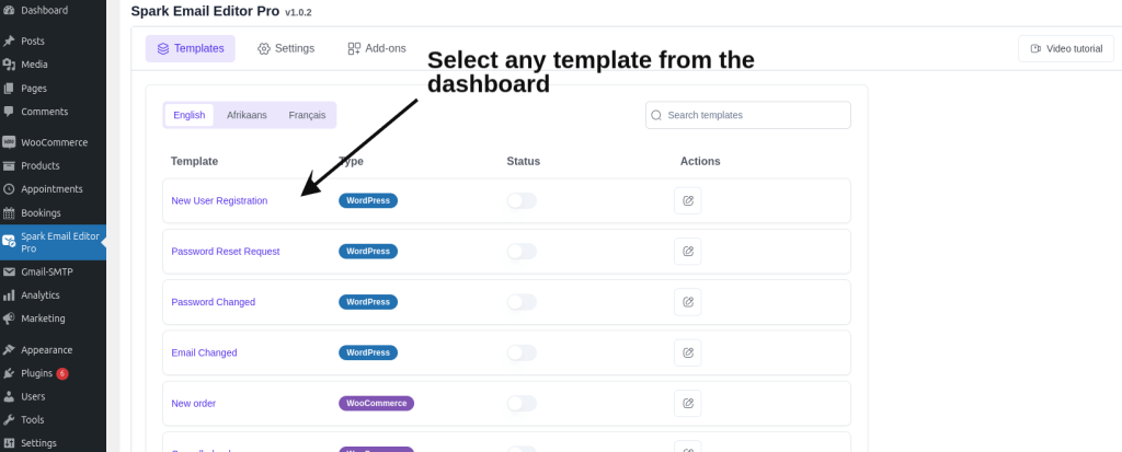 select any template from the dashboard