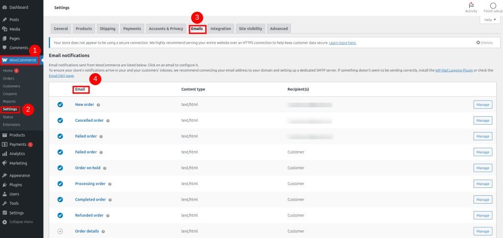 WooCommerce Email settings
