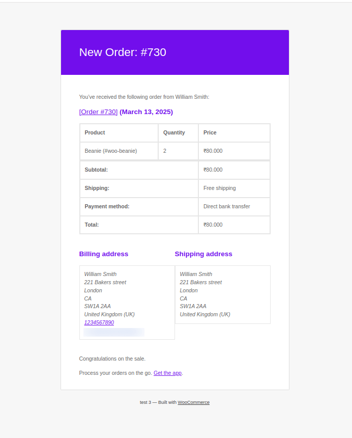 Default WooCommerce New Order Email
