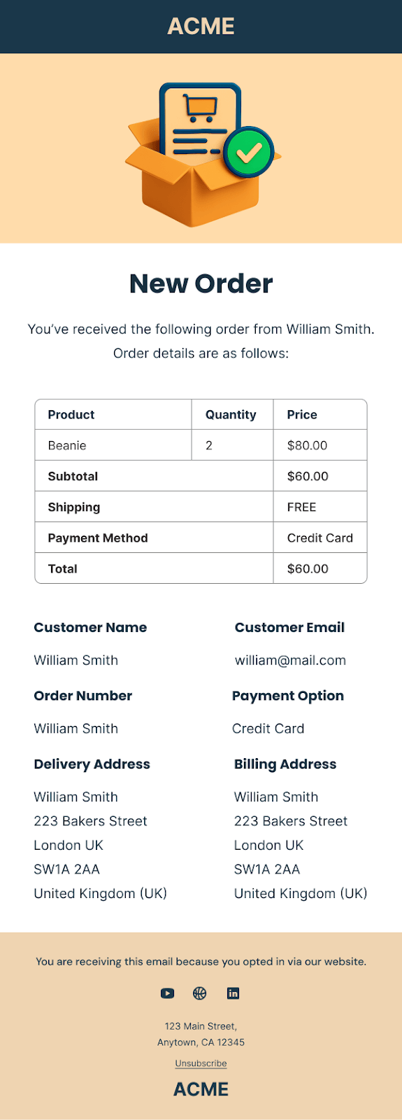 Spark Editor customized New Order Email