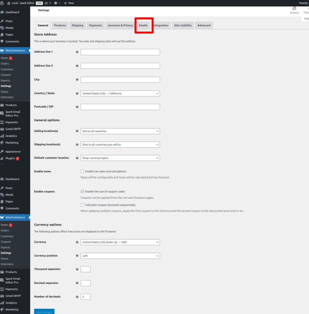 Woocommerce email settings
