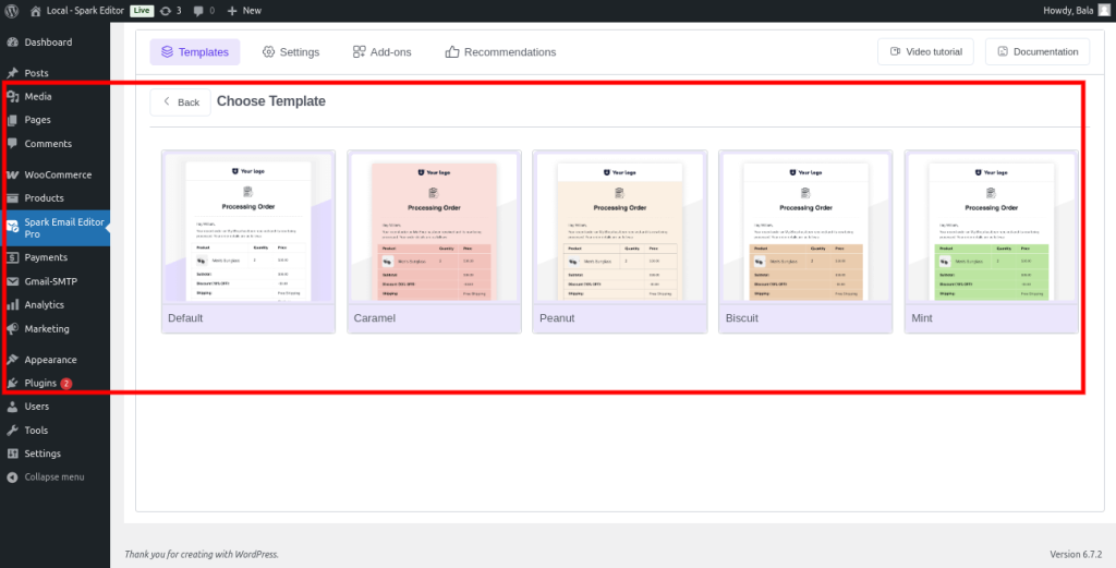 order process template selection