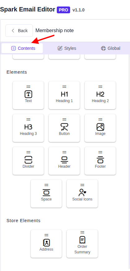 Spark Editor Contents Section