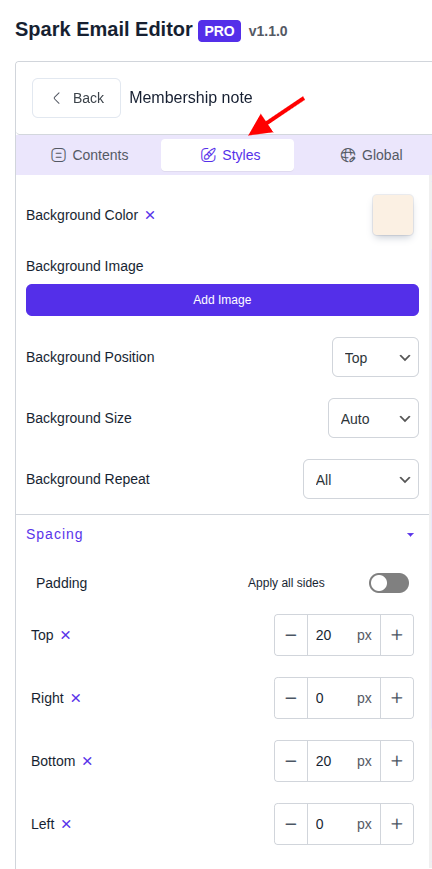 Spark Editor Style Section