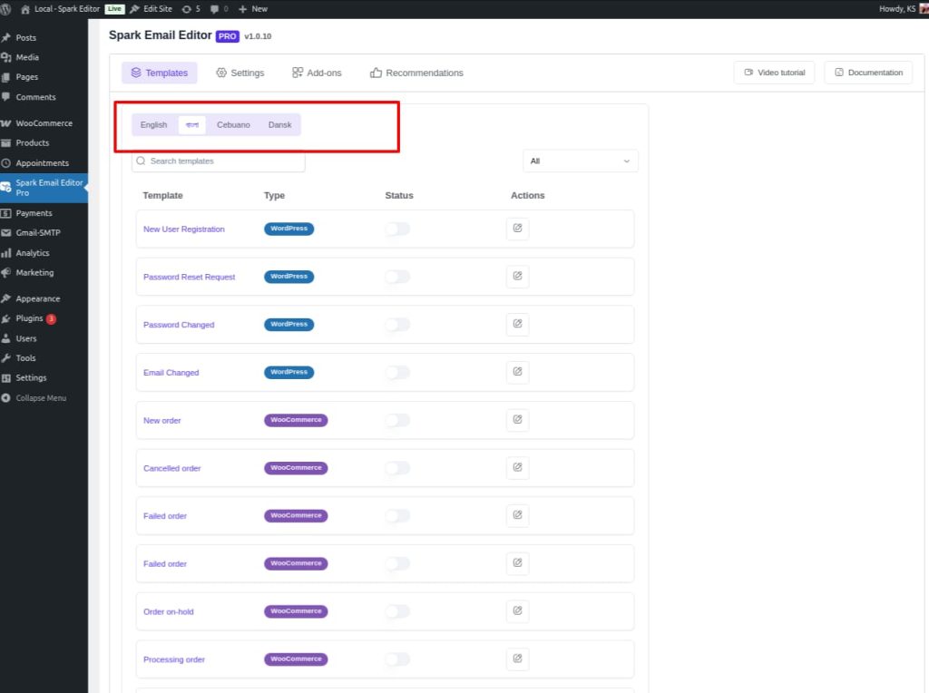 Spark’s multilingual email template interface