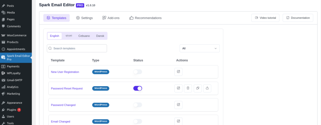 List of spark template
