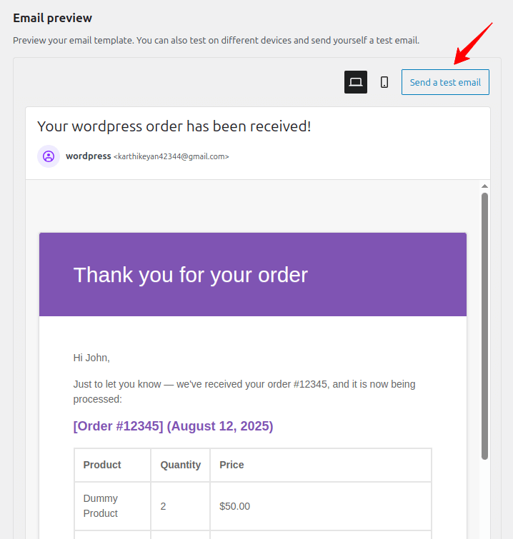 WooCommerce Email Preview and Test