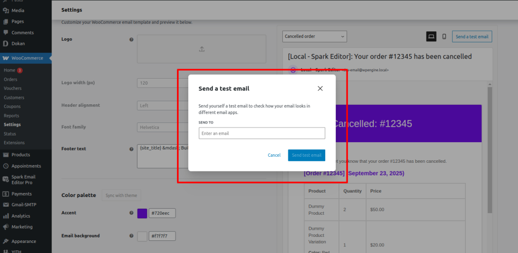 Test mail settings